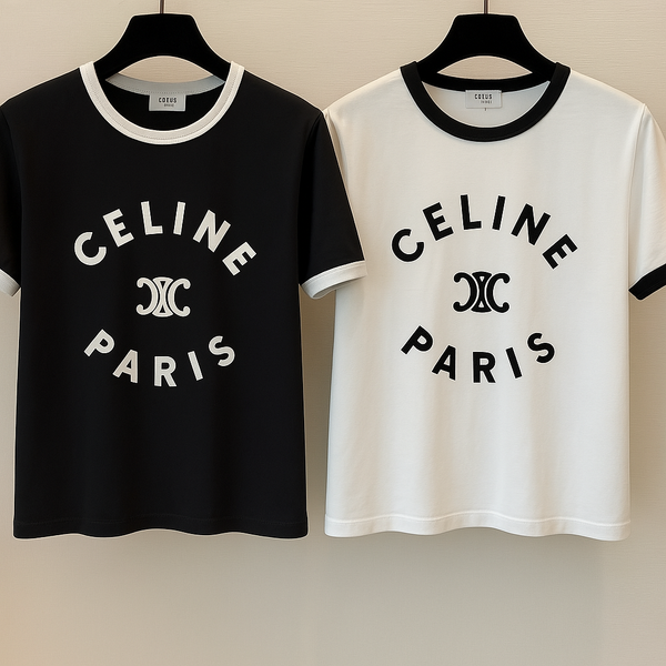 Maglietta a maniche corte con logo Celine in cotone bianco e nero