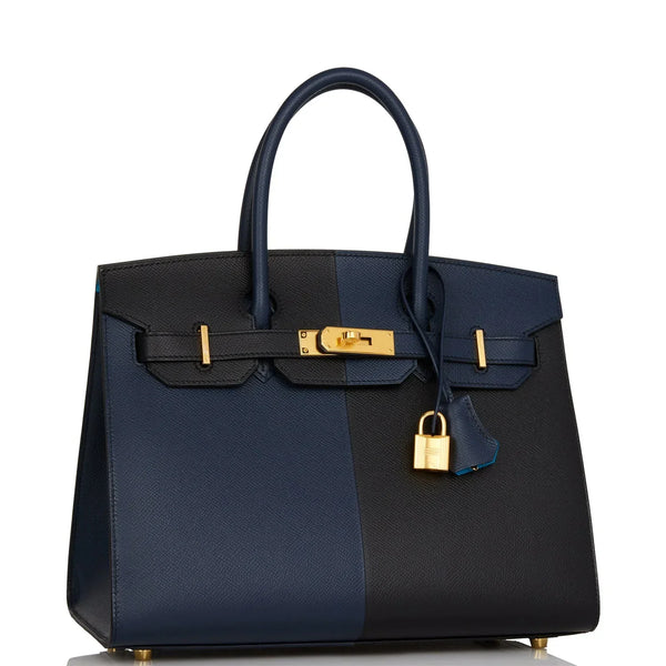 HM BIRKIN SELLIER CASAQUE 32cm BLACK AND BLUE TOGO LEATHER GOLD HARDWARE