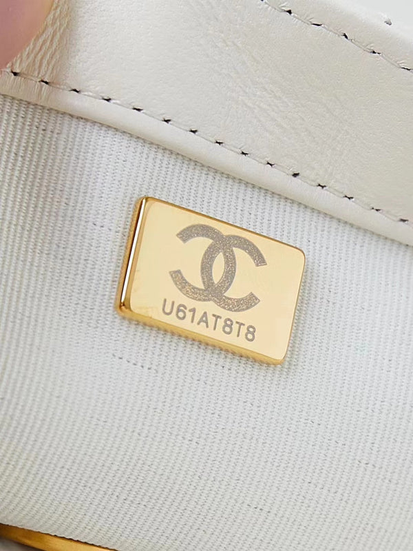 CC 24F Flap Bag White Lambskin Pearl Gold Hardware