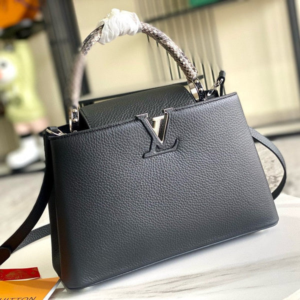 Borsa Capucines in pelle di vitello nera con manico superiore e serpente, versione migliore