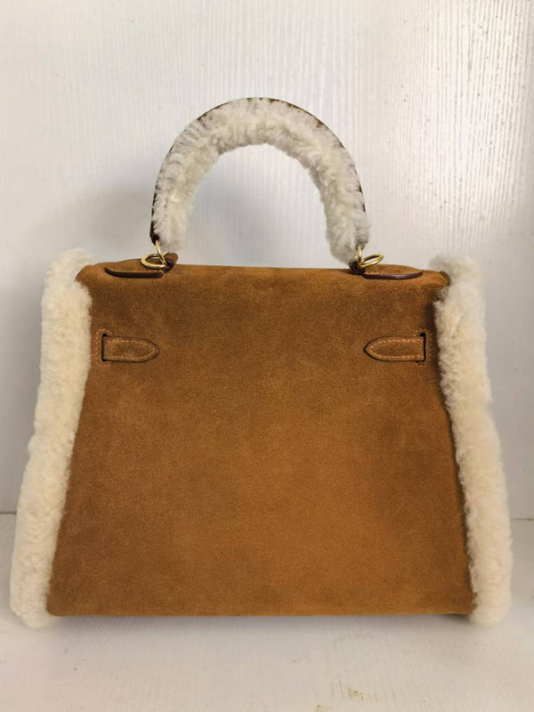 HM Kelly Teddy Plush Shearling Brown Suede Palladium Hardware