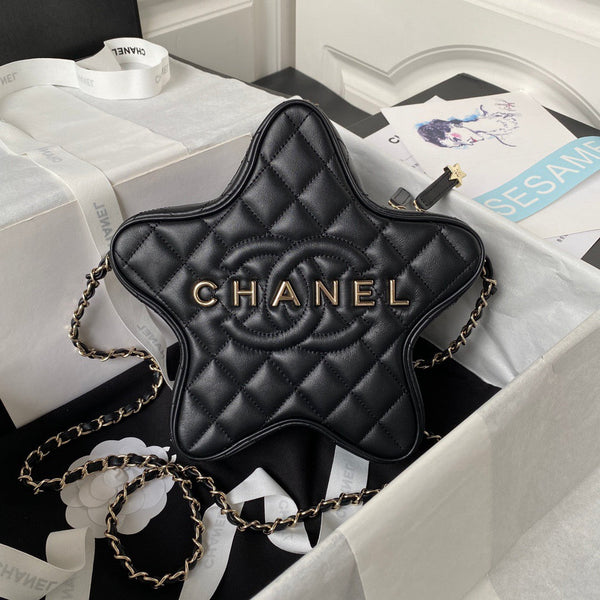 Borsa a stella 24C 22,5 cm in pelle di vitello nera con finiture dorate 