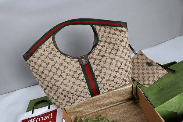 Gucci Giglio Large Tote Bag Beige and Red Denim