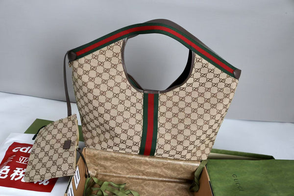 Gucci Giglio Large Tote Bag Beige and Red Denim