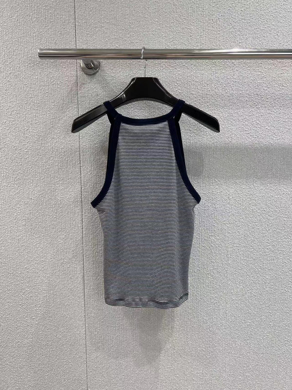 Triomphe Tank Top In Striped Jersey White Mix Navy Cotton