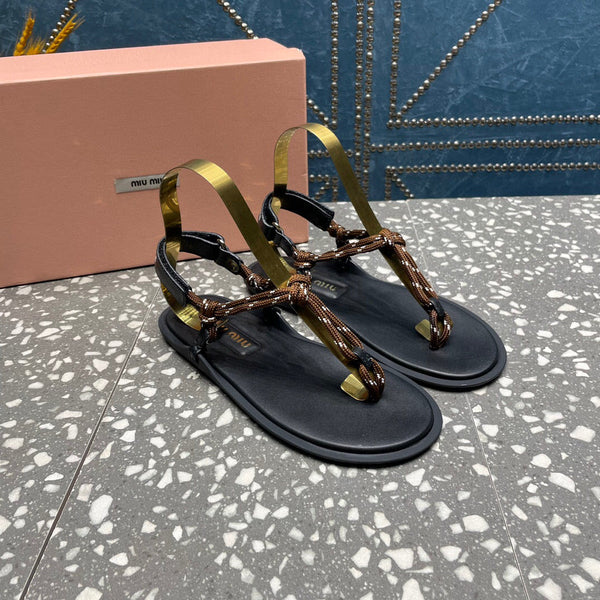 miu riviere cord & leather brown sandal