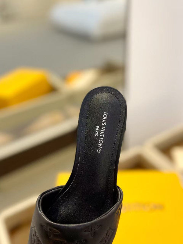 LV Neo Revival Mule Flat Nero Logo in rilievo Pelle bovina