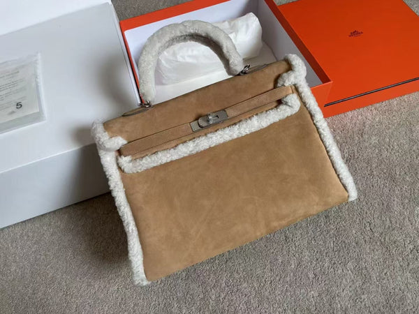 HM Kelly 35cm Teddy Plush Shearling Light Brown Suede Palladium Hardware