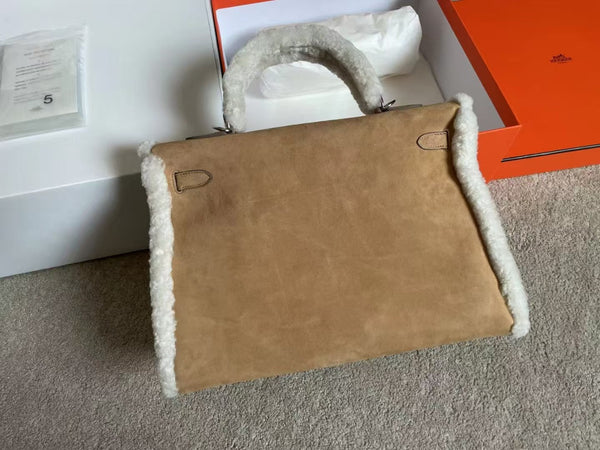 HM Kelly 35cm Teddy Plush Shearling Light Brown Suede Palladium Hardware