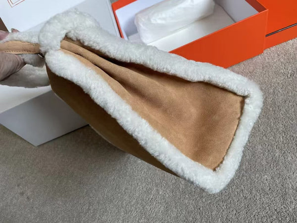 HM Kelly 35cm Teddy Plush Shearling Light Brown Suede Palladium Hardware