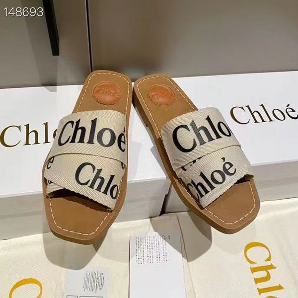 CHLOE WOODY SLIPPER IN BROWN MIX BEIGE CANVAS