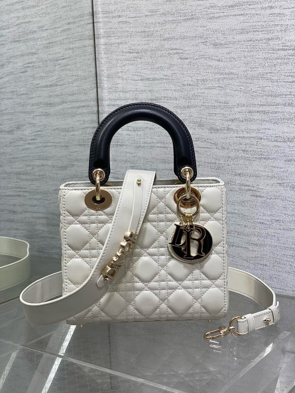 Lady Dior 20 cm catena in pelle di agnello bianca nera e oro