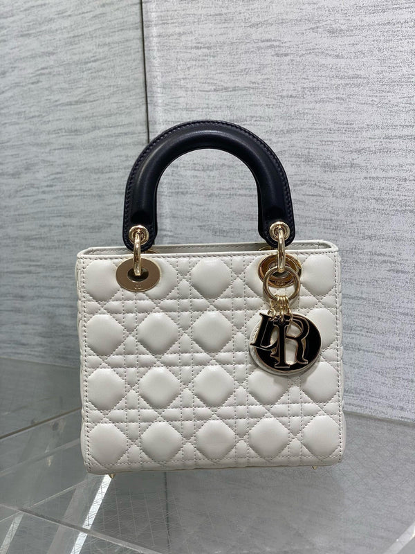 Lady Dior 20 cm catena in pelle di agnello bianca nera e oro