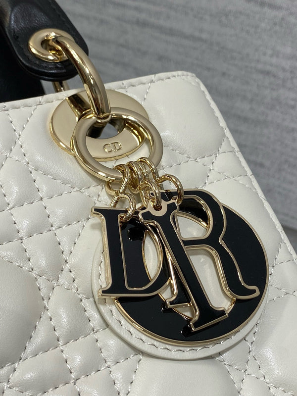 Lady Dior 20 cm catena in pelle di agnello bianca nera e oro