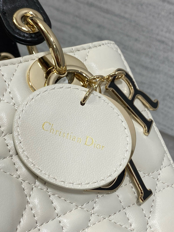Lady Dior 20 cm catena in pelle di agnello bianca nera e oro