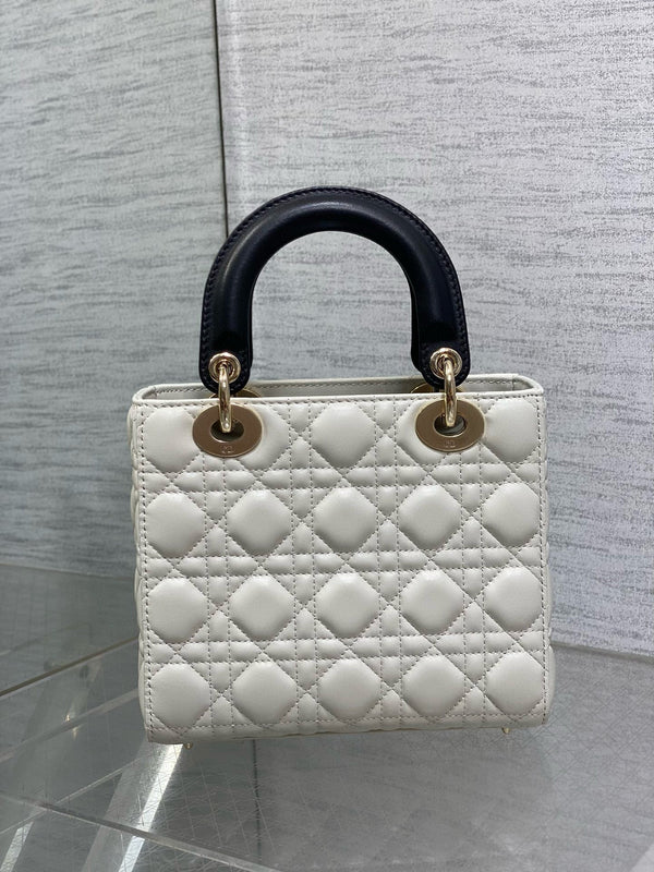 Lady Dior 20 cm catena in pelle di agnello bianca nera e oro