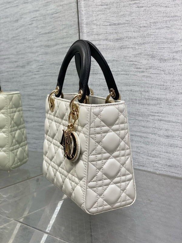 Lady Dior 20 cm catena in pelle di agnello bianca nera e oro