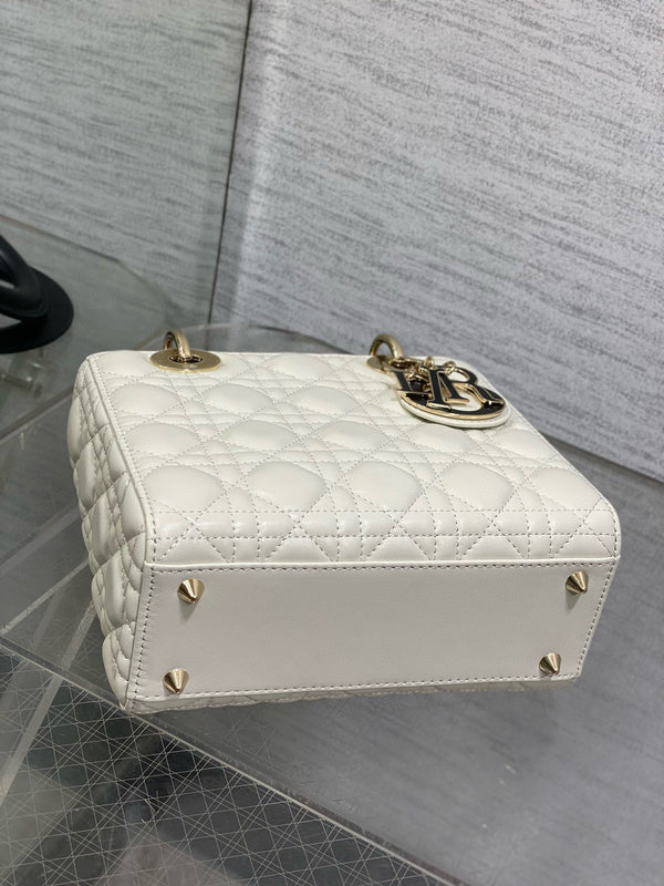 Lady Dior 20 cm catena in pelle di agnello bianca nera e oro