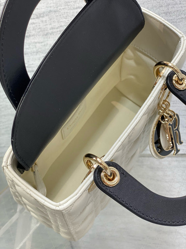Lady Dior 20 cm catena in pelle di agnello bianca nera e oro