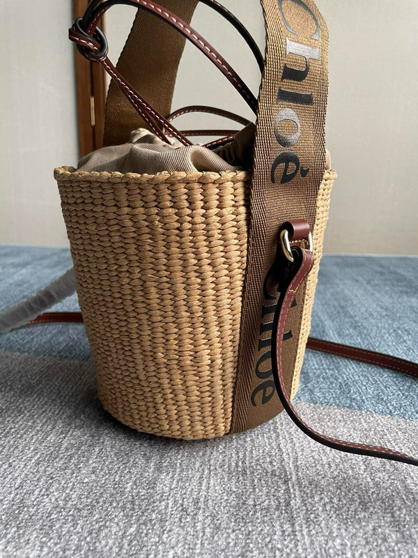 Chloe Small Woody Bucket Top Handle Bag 16cm Brown Linen And Calfskin