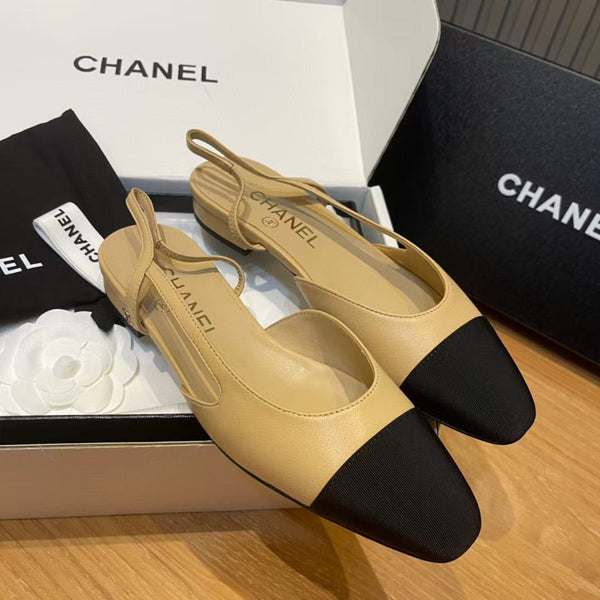 slingback piatte beige pelle di capra grosgrain nero