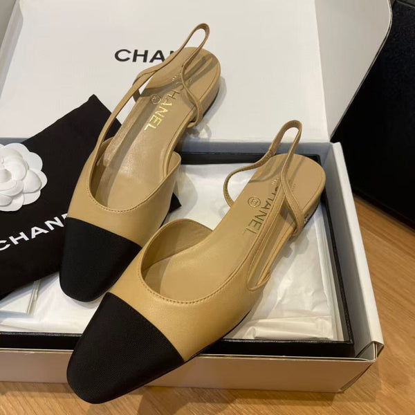 slingback piatte beige pelle di capra grosgrain nero