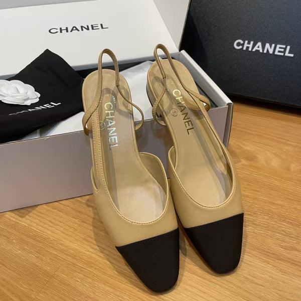 slingback piatte beige pelle di capra grosgrain nero