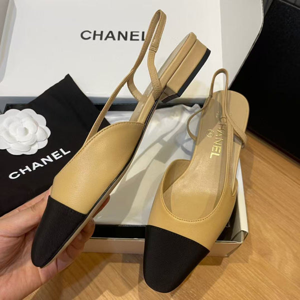 slingback piatte beige pelle di capra grosgrain nero