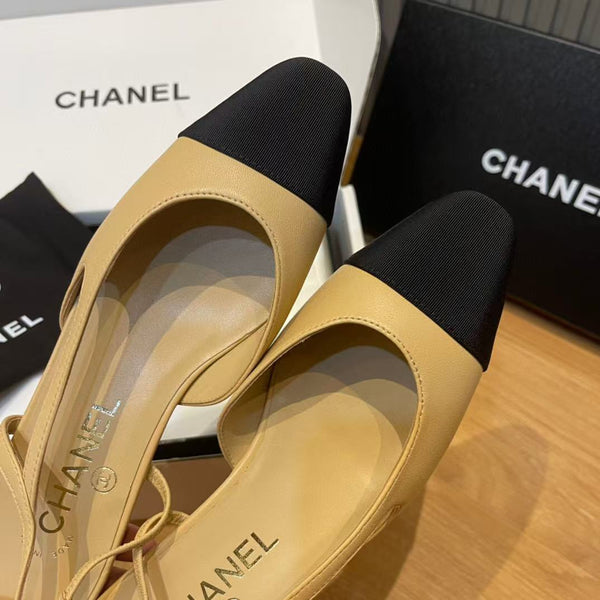 slingback piatte beige pelle di capra grosgrain nero