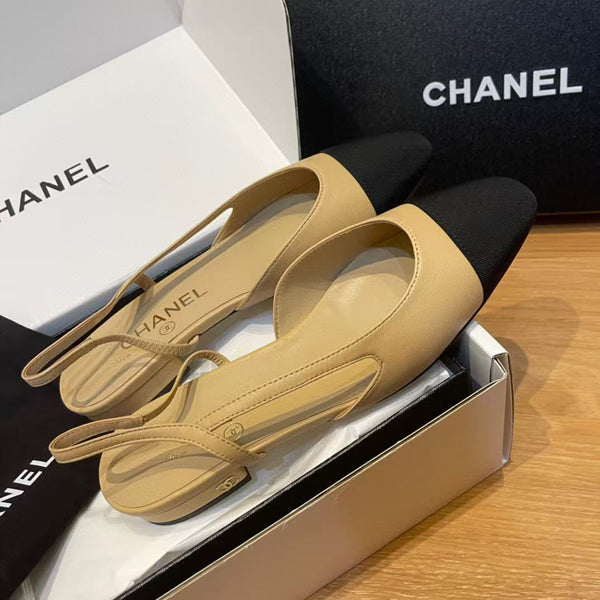 slingback piatte beige pelle di capra grosgrain nero