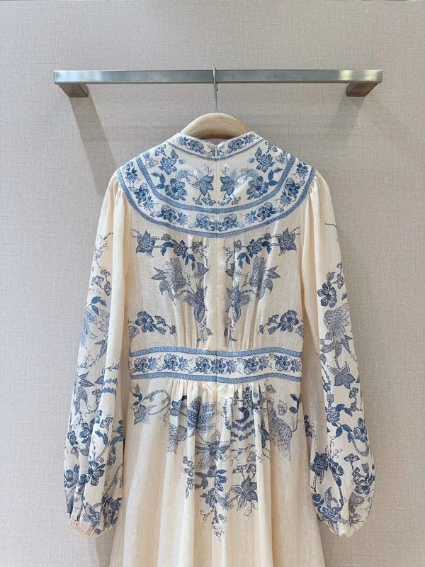 ZIMMERMANN Lucky Plunge Midi Dress Cream/Blue Floral Linen Fabric