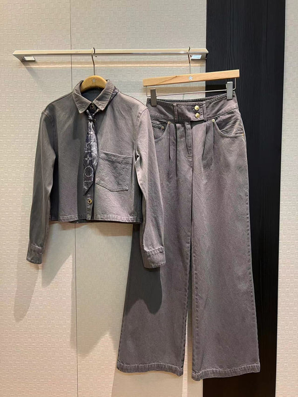 Pantaloni a gamba larga in denim LV Flower rosa grigio