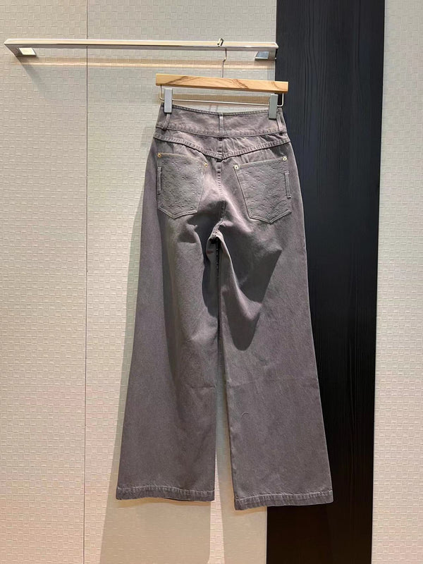 Pantaloni a gamba larga in denim LV Flower rosa grigio