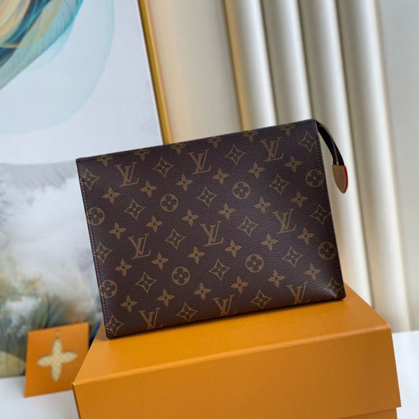 Pochette da toilette LV 26 cm in tela monogramma marrone e pelle