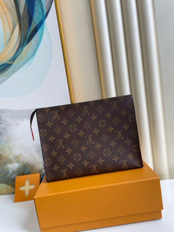 Pochette da toilette LV 26 cm in tela monogramma marrone e pelle