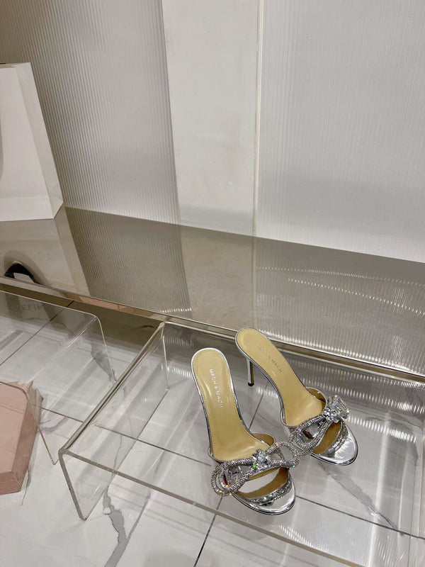 Mach & Mach Double Bow Metallic Mules 65mm Silver calfskin