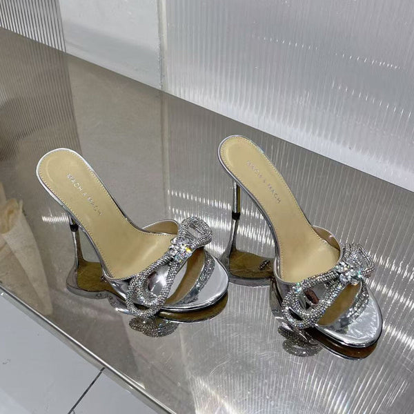Mach & Mach Double Bow Metallic Mules 65mm Silver calfskin