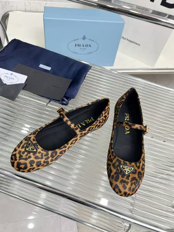 Prada Ballerina Shoes Brown Black Leopard-Print Calf Hair Leather