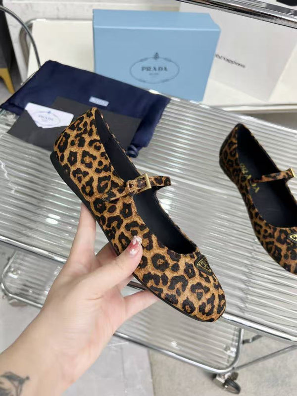 Prada Ballerina Shoes Brown Black Leopard-Print Calf Hair Leather