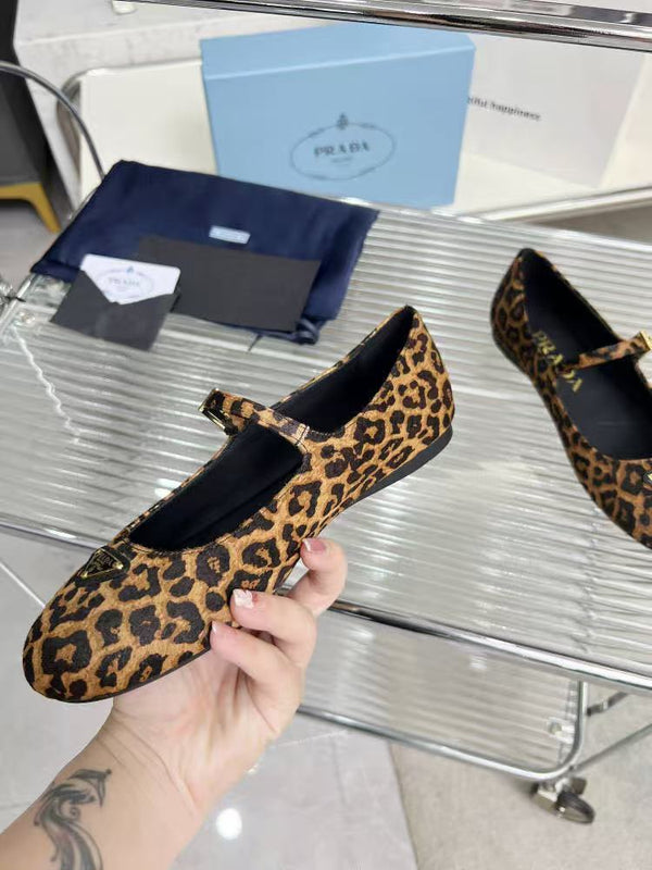 Prada Ballerina Shoes Brown Black Leopard-Print Calf Hair Leather