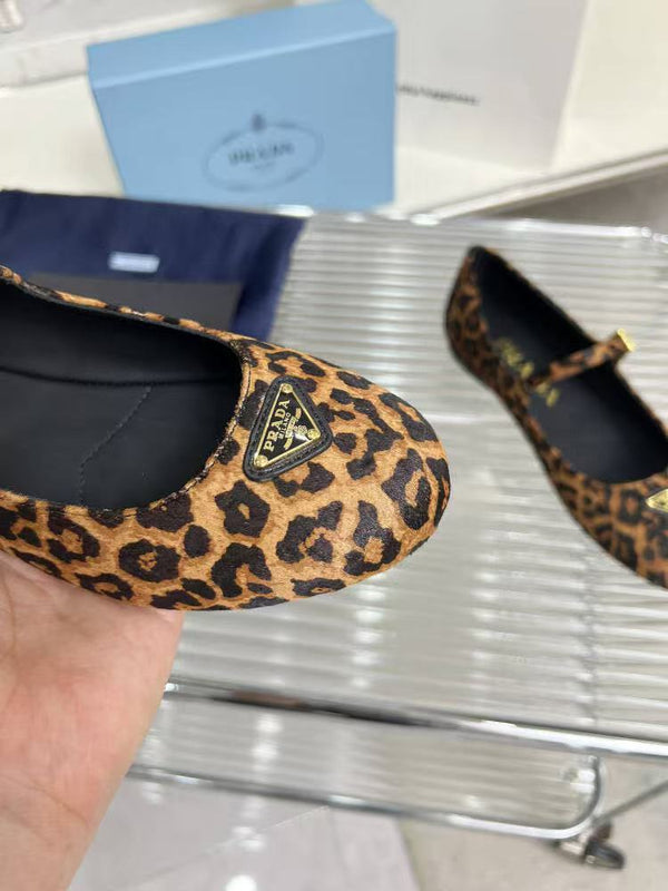 Prada Ballerina Shoes Brown Black Leopard-Print Calf Hair Leather