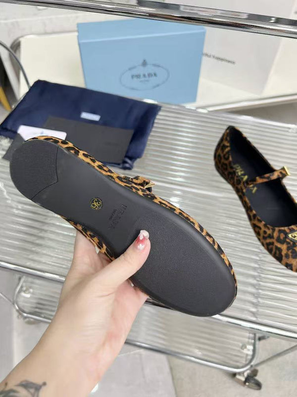 Prada Ballerina Shoes Brown Black Leopard-Print Calf Hair Leather