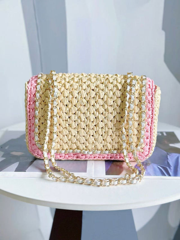 CC Chain Venice Beach Flap Bag 23cm Beige Pink Raffia