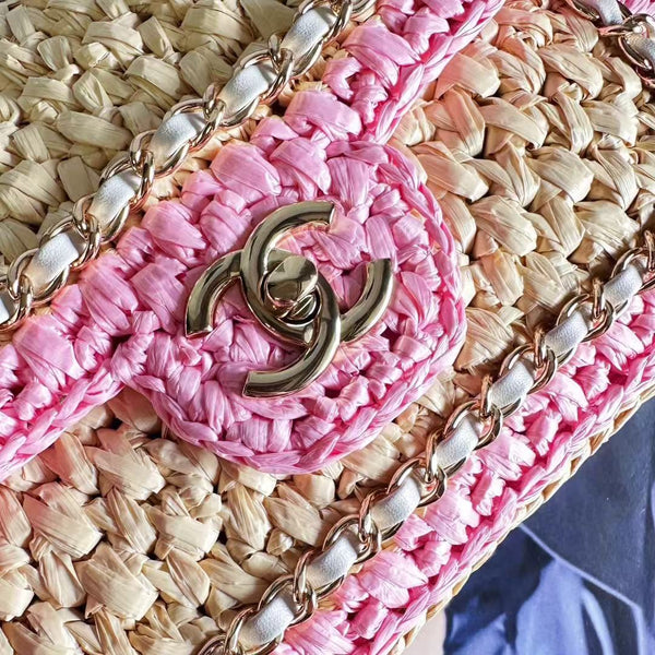 CC Chain Venice Beach Flap Bag 23cm Beige Pink Raffia