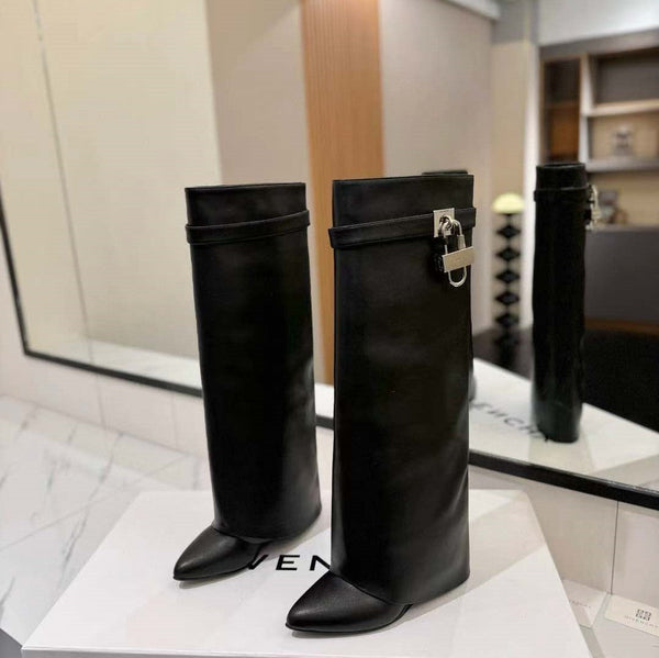 Givenchy Shark-Lock Knee-High Boots Black Cowhide Sliver HW
