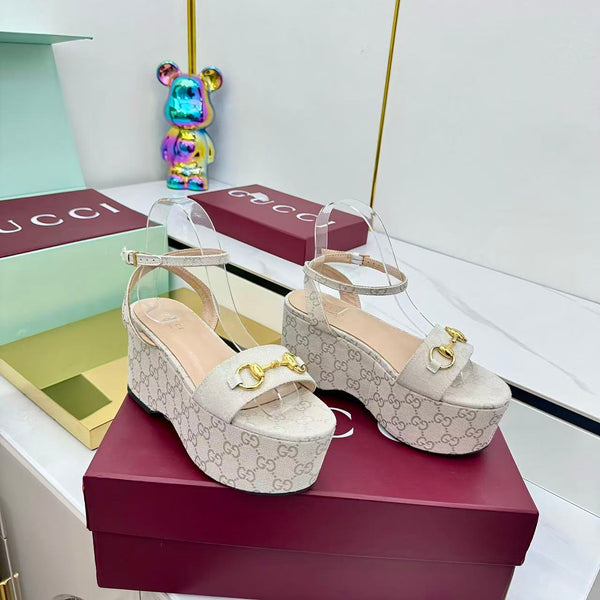 GG Lady Horsebit 75mm Wedge Sandals Beige Canvas