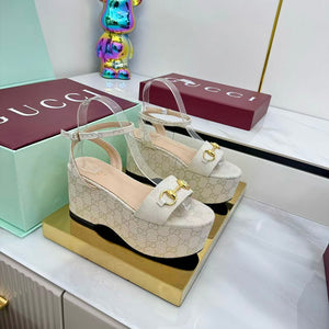 GG Lady Horsebit 75mm Wedge Sandals Beige Canvas