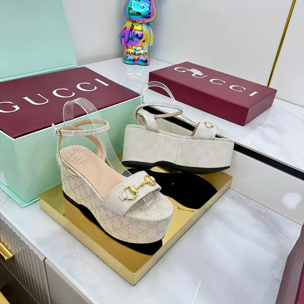 GG Lady Horsebit 75mm Wedge Sandals Beige Canvas