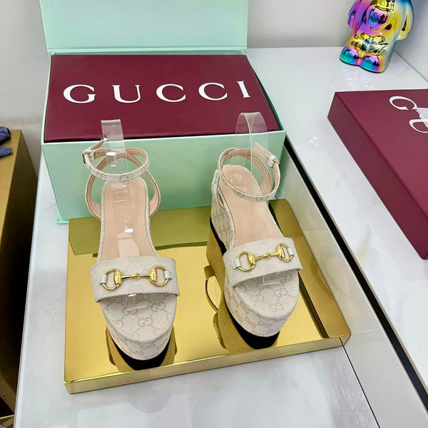 GG Lady Horsebit 75mm Wedge Sandals Beige Canvas