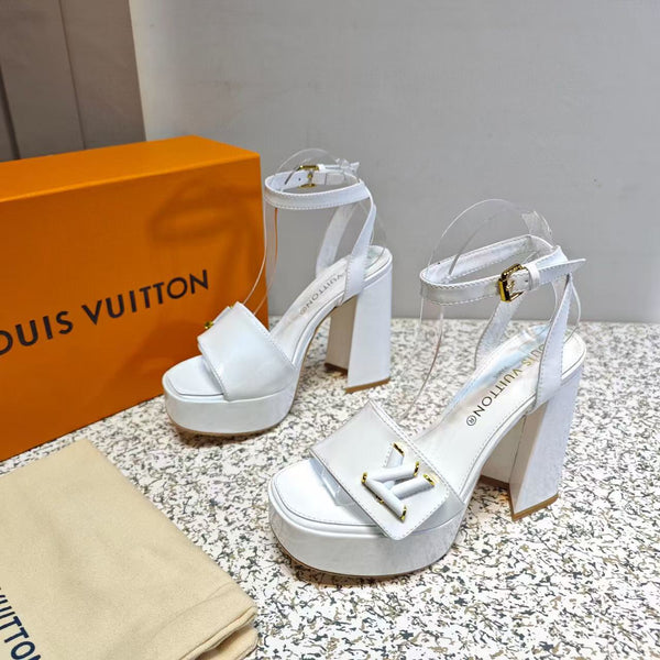 LV Shake Sandals 11cm High Block Heel White Patent Leather